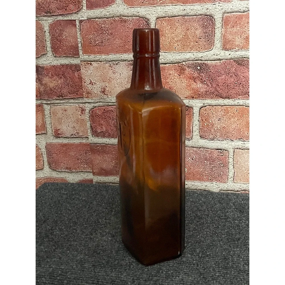 Antique Amber Glass Bottle Patented 1902 TS Monogram Embossed Apothecary Brown